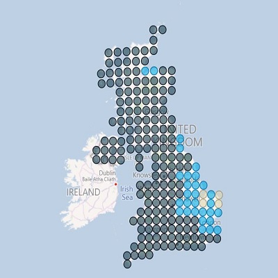 A UK map showing excess winter rainfall levels (bare soil, interim data 2023)